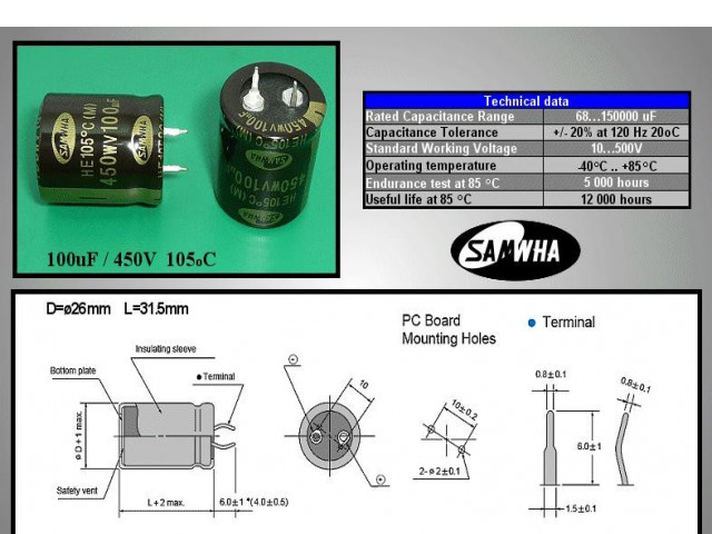 Condensateur 100uF 450V HE2W107M25030HA