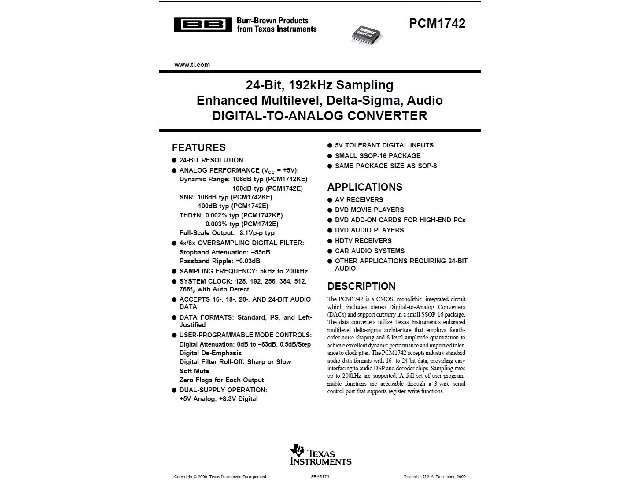 Circuit convertisseur numérique/analogique PCM1742KE